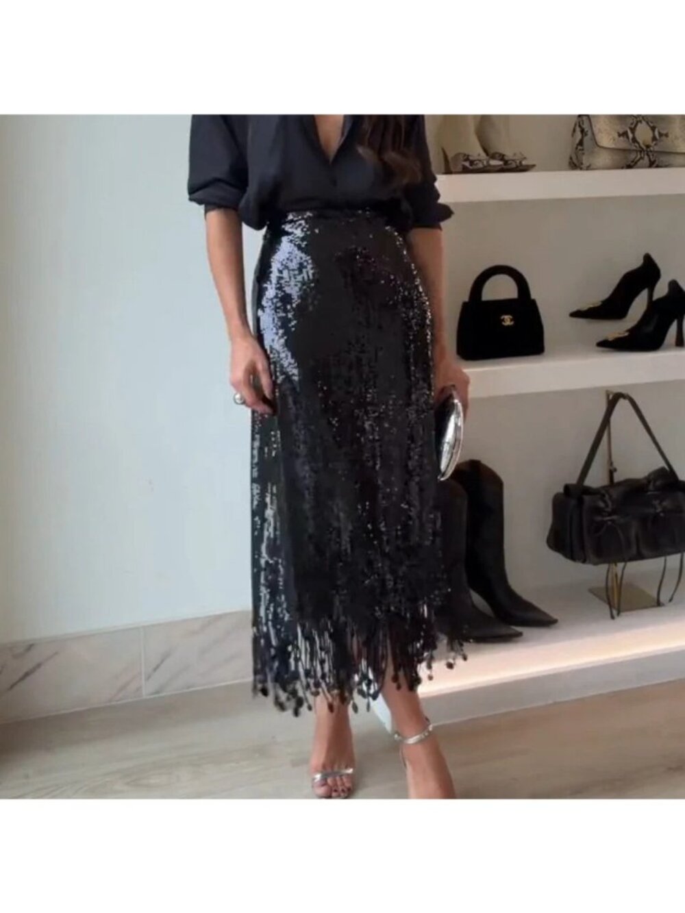 Zara Womens Sequin Skirt Medium Long Fringed Black Blogger Viral 4831/242 NWT